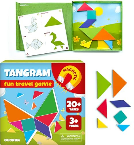 QUOKKA Magnetic Tangram Kinder - Reise Spiele ab 3 4 6 Jahren - Autospiele für Kinder ab 5 Jahre - 7 geometrische Formen - 3 Schwierigkeitsstufen - Lustige Aktivitäten im Auto