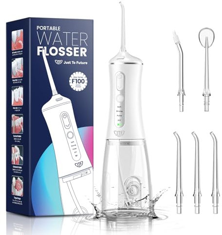 Idropulsore Dentale Portatile JTF 300ML Idropulsore Dentale Senza Fili Idropulsore Dentale Ricaricabile USB, 5 Beccuccio Jet Ugelli, 4 Modalità 8 Pressione, IPX7 Impermeabile, per Casa Viaggio, Bianco