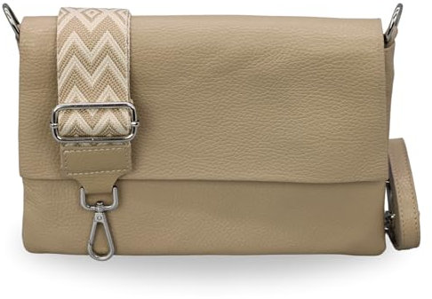 BRISE Umhängetasche Damen Echtes Leder ELISA Handgemachte Handtasche Kleine Schlanke Tasche 3 Fächer Crossbody Bag mit Ledergurt + Optionalen Breiten Gemusterten Riemen Made in Italy (Taupe-2)