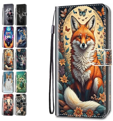 Flip Case for iPhone 5 5S SE Animal Print Pattern Design with Card Holder Leather Wallet Phone Cover for Girls Boys Women Men - Fox Butterfly