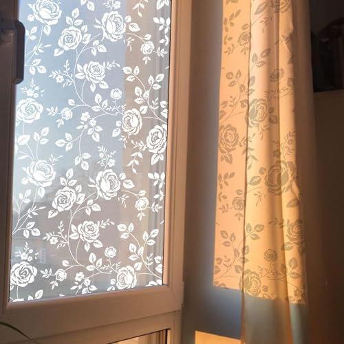 Funlife Blumen Fensterfolie Blickdicht 58x200 cm, Weiß Sichtschutzfolie Statische Fensterfolie, Statisch Haftend Milchglasfolie für Badezimmer Schlafzimmer Küche Wohnzimmer, Rugosa Rose