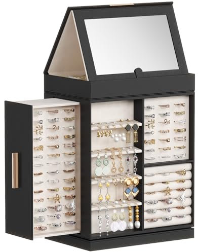 Lifewit Schmuckaufbewahrung 360° Drehbar, Schmuckschatulle Schmuckkasten Damen, Verstellbarer Spiegel mit Magnetisches Design, für Ring Halskette Ohrring, Schwarz