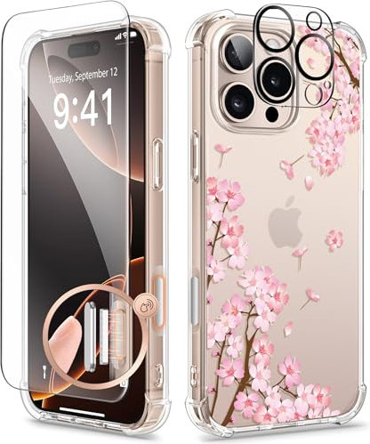 GVIEWIN Kompatibel mit iPhone 16 Pro Max Hülle 6,9 2024,mit Schutzfolie+Kameraschutz,Stoßfest Fallschutz Kratzfest Klar Anti-Gelb Blumen Dünn Handyhülle für Frauen,Sakura/Rosa
