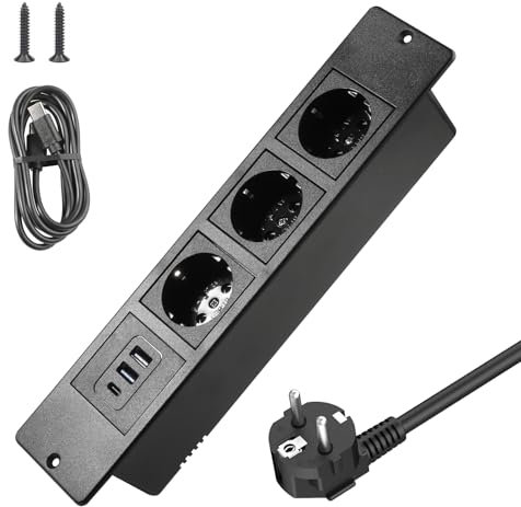 Prise Encastrable de Table avec 2 USB et 1 Type-C, 250 V PD20W Multiprise Intégrée 3 Prises avec Câble 1.5m, Prise de Table Multiprise pour Meuble ou Plan de Travail,Bureau(Noir)