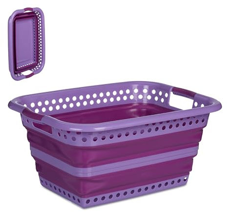 Relaxdays Wäschekorb faltbar, 35 Liter, Wäschewanne Kunststoff, platzsparend zusammenklappbar, mit Griffen, lila/pink