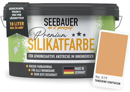 SEEBAUER diy Silikatfarbe Orange 10L für Innen (No. 519 Tangerine Temptation) Atmungsaktive Mineralfarbe für Allergiker - Abwaschbare Wandfarbe - Orangetöne hohe Deckkraft