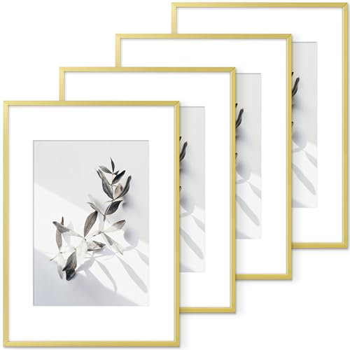 A3 Bilderrahmen Aluminium, Metall Gold A3 Fotorahmen Mit gehärtetem Glas, Für 29,7x42 cm-Fotos ohne Passepartout oder 20x28,7 cm-Fotos mit Passepartout, Große Rahmen für Wandkunstrahmen, 4 Packs