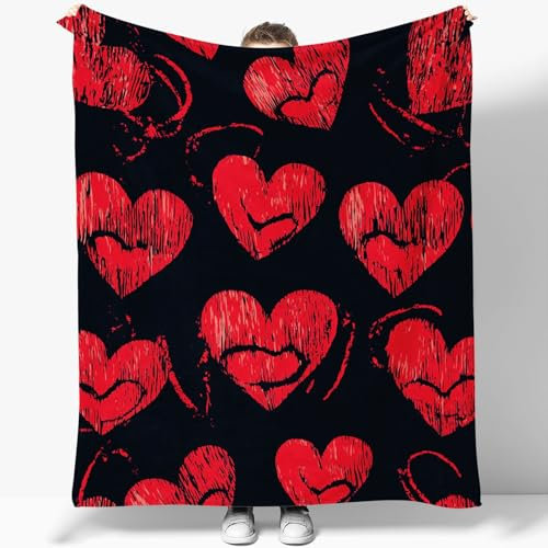 Kuscheldecke Flauschige Wolldecke mit Shabby Linien Liebe Herz Muster, Warme Sherpa Decke Wohndecke Sofadecke 130 x 150 cm Warme Super Weiche Kuscheldecke Schwarz Rot