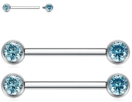 AROWRO 14G Brustwarzenstäbe Nippelpiercing-Schmuck 12mm Zungenstege Zungenpiercing Nippelringe Innengewinde Zungenstegpiercing Brückenpiercing-Schmuck Titan Silber Blau CZ