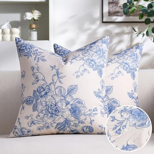 Aisybaklyn Kissenbezug 40X40 2 Stück Zierkissen Leinen Blaue Weiße Blume Dekokissen Vintage Dekorativ Kissenhüllen Chinoiserie Outdoor Kissen für Couch Bett Sofa Stuhl Auto Dekor