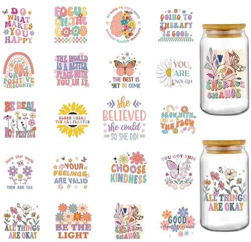 INCOK Rub on Transfers for Crafts - 20 Sheets Boho Mental Health UV DTF Stickers for 16 oz Water Goblet Motivational Sayings Glass Wrap, Bright Heartwarming Decals for Therapist Gifts