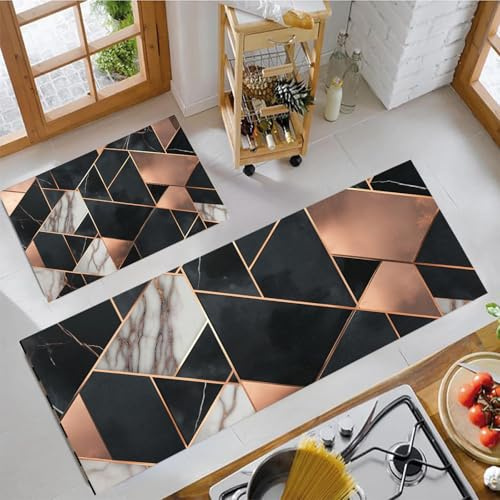 GDJSMIN Kitchen Rugs - 2 Piece Rose Gold Black Marble Tiles Kitchen Mats Set Non-Slip（50×80Cm+50×120Cm） Luxurious Geometric Pattern Doormat Washable Waterproof Mat For Indoor Outdoor Entry Floor