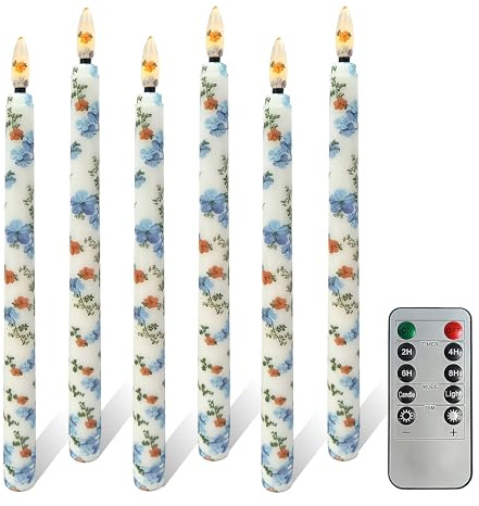 FCMSHAMD 6PCS Vintage Blue Floral Flameless Taper Candles, 11 Inch LED Candlesticks Battery Operated with 11-Key Remote and Timer, 3D Flickering Flame Lights for Wedding Party Home Decor Gifts
