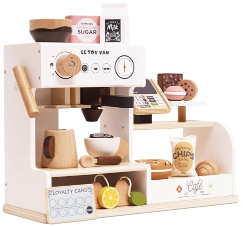 Le Toy Van Wooden Barista Café Shop – FSC® Certified Tabletop Coffee Machine Playset – 17-Piece Pretend Play Café with Milk Frother, Chalkboard Till & Cake Display – Imaginative Role Play Toy