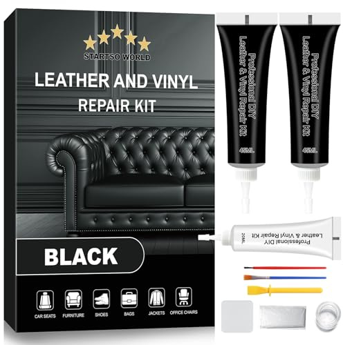 STARTSO WORLD Leder Reparatur Set Schwarz – Flüssigleder & Vinyl Repair Kit für Möbel, Sofas & Autositze. Repariert dauerhaft Kratzer, Risse, Löcher und verblasste Stellen