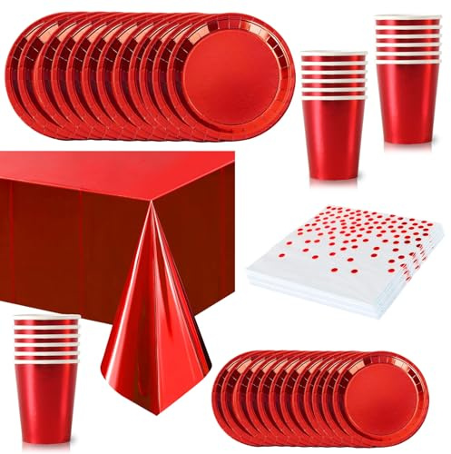 65Pcs Metallic Foil Red Party Tableware Set,Plastic Sparkling Red Table Cloths Parties,Disposable Paper Plates,Napkins and Cups Dinnerware Set for Girls Kids Adults Birthday,Christmas Party Decoration