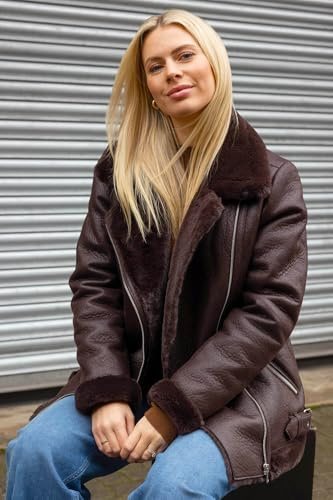 Roman Originals Faux Leather Jacket for Women UK - Ladies Bomber Aviator Coat Moto Biker Pilot PU Flying Teddy Borg Sherpa Fur Trim Furry Fleece Collar Lined Casual Warm - Chocolate - Size 14