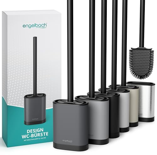 Engelbach® Klobürste Silikon mit Edelstahl Griff & Halter, Flach Anthrazit | Antibakterielle Toilettenbürste Wandmontage ohne Bohren – WC Bürstengarnitur, Toilet Brush inkl. Ersatzbürstenkopf