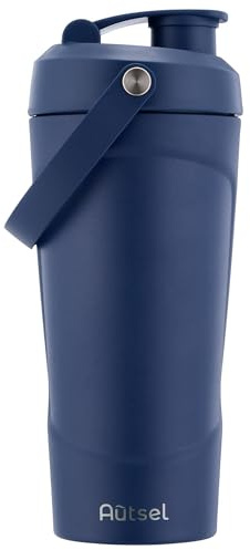 Autsel Protein Shaker - 750ml Stainless Steel Shaker Bottle for Fast, Clump-Free Mixing | Insulated Metal Protein Shaker Cup with MixBall & Handle, Leak-Proof & BPA Free, Navy
