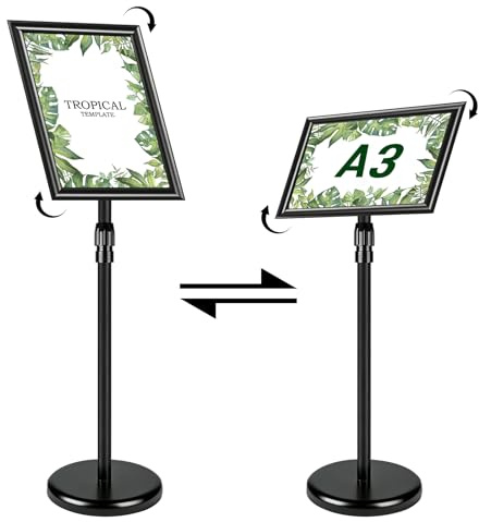 MIGUBIGU A3 Porte Affiche Sur Pied 420 x 297 mm Réglable 70-120 cm, Présentoir Affichage Sur Pied 360 Degrés, Porte Menu Restaurant Exterieur A4, Panneau Affichage Exterieur Etanche Amovible