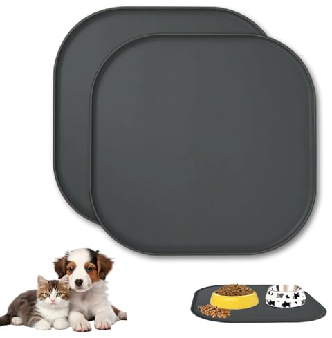 2-Teiliges Set Napfunterlage Katzen Hund, Wasserdicht rutschfest Hundenapf Katzennapf Unterlage, Graue Silikonmatte mit Rand, Quadratische Futtermatte für Katzen und Hund