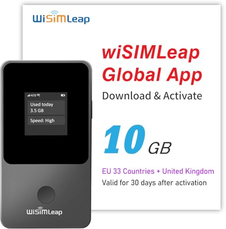 wiSIMLEAP Portable WiFi Hotspot for Travel 4G Mobile Hotspot MiFi Device with Europe 10GB Data