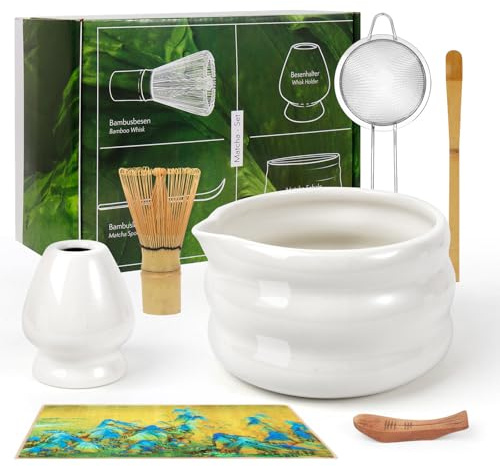 7Pcs Matcha Whisk Set, Matcha Kit with Bamboo Matcha Whisk and Bowl, Matcha Spoon, Whisk Holder, Sifter, White Matcha Kit with Giftbox Packing Gift for Matcha Lover