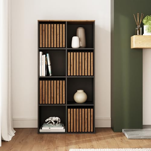 GFW Kube Cube Storage Unit with Open & Hidden Storage, Black & Walnut Effect Shelving Unit for Living Room, Bedroom or Office