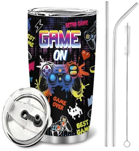 Boys Gamer Travel Mug 20oz, Insulated Stainless Steel Cup with Straw & Lid | Gamer Gift for Boys & Teen Gamers, Double Wall Steel Tumbler Keeps Hot Drinks Hot, Cold Drinks Cold, Birthday & Christmas