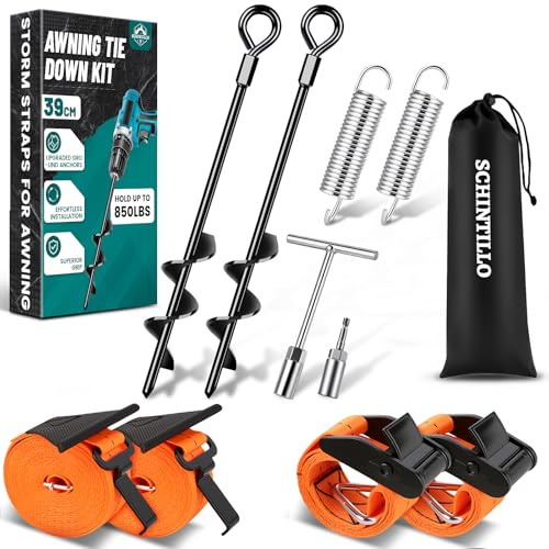 SCHINTILLO Kit de Sujeción para Toldos, Correas para Tormentas para Toldos | Anclajes al Suelo de 39 cm, Resistente a 110 km/h, 850 Libras, Excelente Agarre