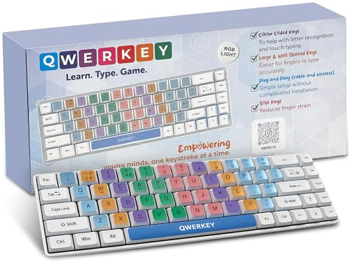 Qwerkey Colour Coded Mechanical Keyboard for Kids | Learn, type, gaming. Backlit wireless keyboard compatible with Windows, Mac, iPads & More