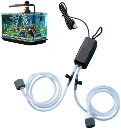 USB Aquarium Air Pump,Aquarium Adjustable Air Pump Twin Valve,Silent Oxygen Pump for Aquarium,Mini USB Ultra Silent Fish Tank Oxygen Air Pump with Air Stone and Double Silicone Tube