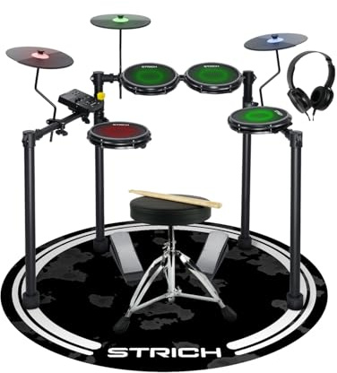 STRICH Elektronisches Schlagzeug E-Drum Set mit Mesh Heads, LED Drum Pads, USB MIDI, faltbares Electronic Drum Kit mit Drumhocker, Kopfhörer und Drum Matte für Anfänger & Home Practice, SED-T03