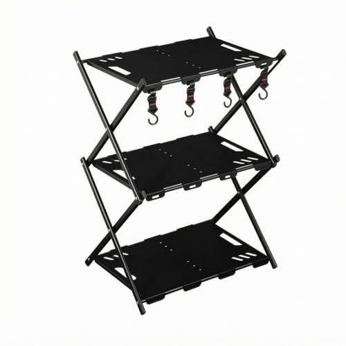 MotiveTech Étagère Pliante Extérieure Étagère Métallique Tablette de Rangement Support à Trois Niveaux Acier Carbone avec Panneaux Emboîtables Pliage à Plat pour, Kaki