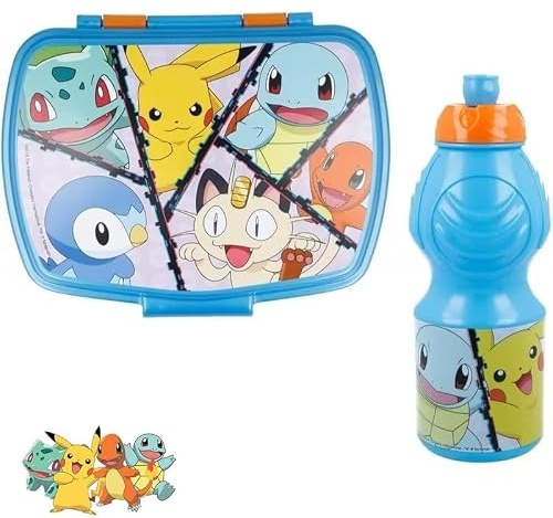 Pokémon - Set Pranzo Scuola 2 Pezzi Portamerenda e Borraccia in Plastica Bambini Bambino Merenda Launch Box - Pikachu