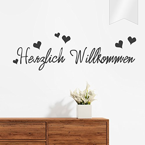 WANDKINGS Wandtattoo - Herzlich Willkommen (mit 6 Herzen) - 50 x 15 cm - Milchglasfolie - Wähle aus 5 Größen & 35 Farben