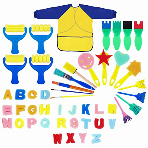 Éponge Brosses de Peinture Enfant Ensemble Pinceaux et Tablier 48 Pièces Art DIY Outils d'art d'apprentissage Précoce d’Bambin pour Les âges 3-6