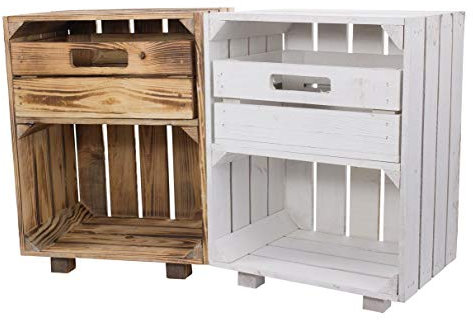 moooble Vinterior Nachttische mit Schublade 1x weiß 1x geflammt 30,5x40x54cm Nachtschrank Obstkiste Weinkiste Ablage Apfelkiste Holzkiste Tisch Holz klein