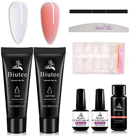 Kit Unghie Gel Completo, Gel Ricostruzione Unghie, Polygel per Unghie, Dual Form Kit, Trasparente e Rosa 30g,con 30ml Soluzione Scivolare 15ml Base e TopCoat, Lima per Unghie e Penna per Unghie