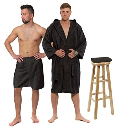 Interkontakt SET - M - Bademantel Herren Frottee mit Kapuze + Saunakilt Herren + Handtuch - 100% Baumwolle OEKO-TEX® Zertifiziert - Verfügbare Größen (S, M, L, XL, XXL) - Bademantel Set - Chocolate