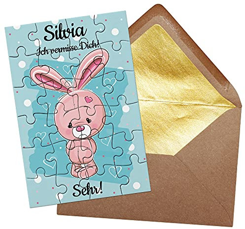 PR Print Royal Foto-Puzzle Motiv mit Hase - Ich vermisse Dich - inkl. Briefumschlag mit Gold-Inlay - Geschenk für Eltern, Paare, Lieblingsmenschen - mit Name Bedrucken Lassen - 24 Teile