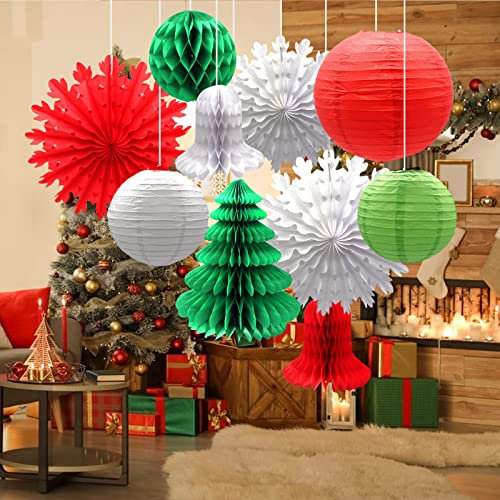 Paper Christmas Decorations, Snowflakes Paper Fans Lantern Bells Honeycomb Balls Xmas Tree Honeycomb Christmas Hanging Decoration for Xmas Home Ceiling Wall Decor