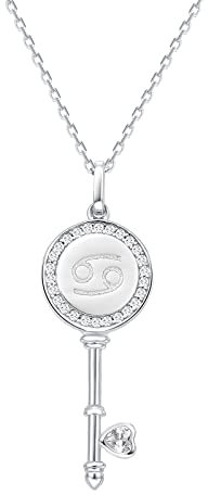 Presentski Collier Clé Collier Signe Astrologique Femme Argent 925, Collier Pendentif Zodiaque Cancer Bijoux Constellations Cadeau pour Femmes Filles