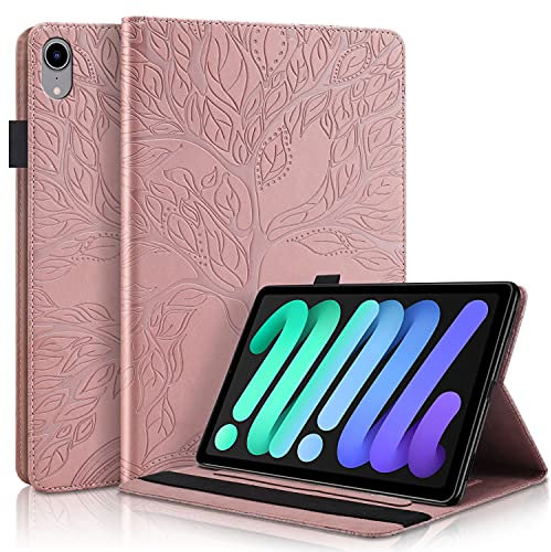 Vkooer Funda para iPad Mini 6ª Generación (8,3 Pulgadas, 2021) PU Cuero Carcasa Protector con Función de Soporte y Auto-Reposo/Activación Case para iPad Mini 6, Arbol de la Vida Oro Rosa
