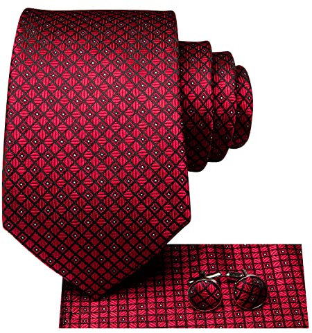Hi-Tie Herren Krawatte Schwarz Paisley/Plaid/Streifen/Einfarbig Krawatten Set Einstecktuch Manschettenknöpfe Business Formal Hochzeit Meeting Geschenkbox,rot kariert