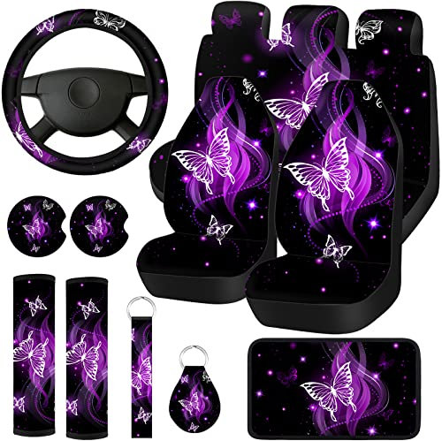 Frienda Set completo di 15 coprisedili per auto, con farfalle anteriori e posteriori, coprivolante, cinturino da polso, sottobicchieri, braccioli e spalline (motivo farfalla viola glitterata)