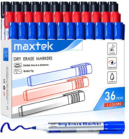 maxtek Whiteboard Pens Markers Bullet Tip, 36 Count Dry Erase Marker Pens Erasable, 3 Assorted Colors, 2-3mm, Office & Classroom Teaching Supplies