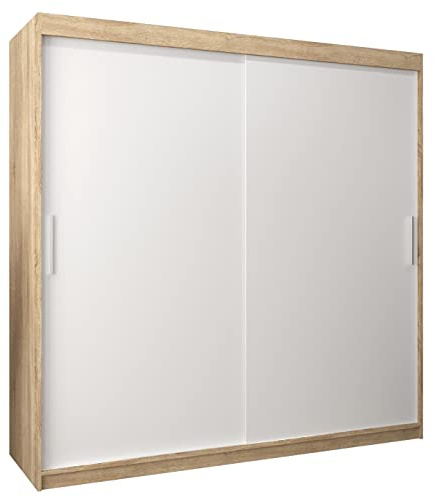 MEBLE KRYSPOL Tokyo 200 Kleiderschrank mit Zwei Schiebetüren für Schlafzimmer – moderner Aufbewahrungsschrank mit Kleiderstange und Regalen – 200x200x62cm - Sonoma + Mattweiß