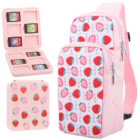 GLDRAM Nintendo Switch Carrying Case, Cute Pink Strawberry Travel Bag with Shoulder Strap, Game Case & Thumb Grip Caps