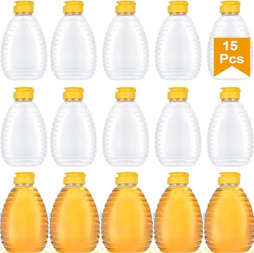 ACXFOND Lot de 15 pots à miel vides en plastique transparent de 473,6 g avec rabat anti-fuite, bouchons supérieurs pour stockage et distribution
